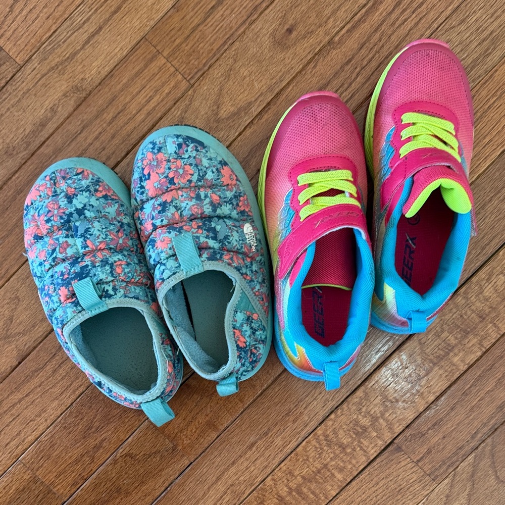The North Face Floral Blue Slippers and Pink Sneakers